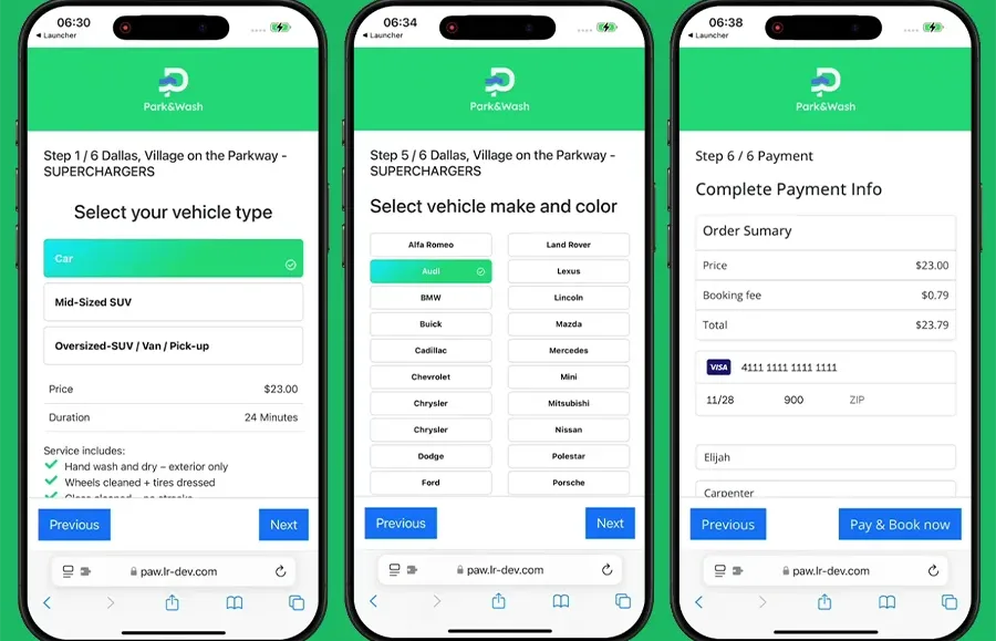 Park & Wash card for LR Portfolio – Booking process shown on the customer app across multiple devices.